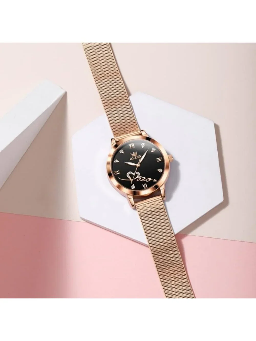 Women's Rose Gold Black Mesh Strap Fashion Dress Heart Quartz Bracelet Set Watch